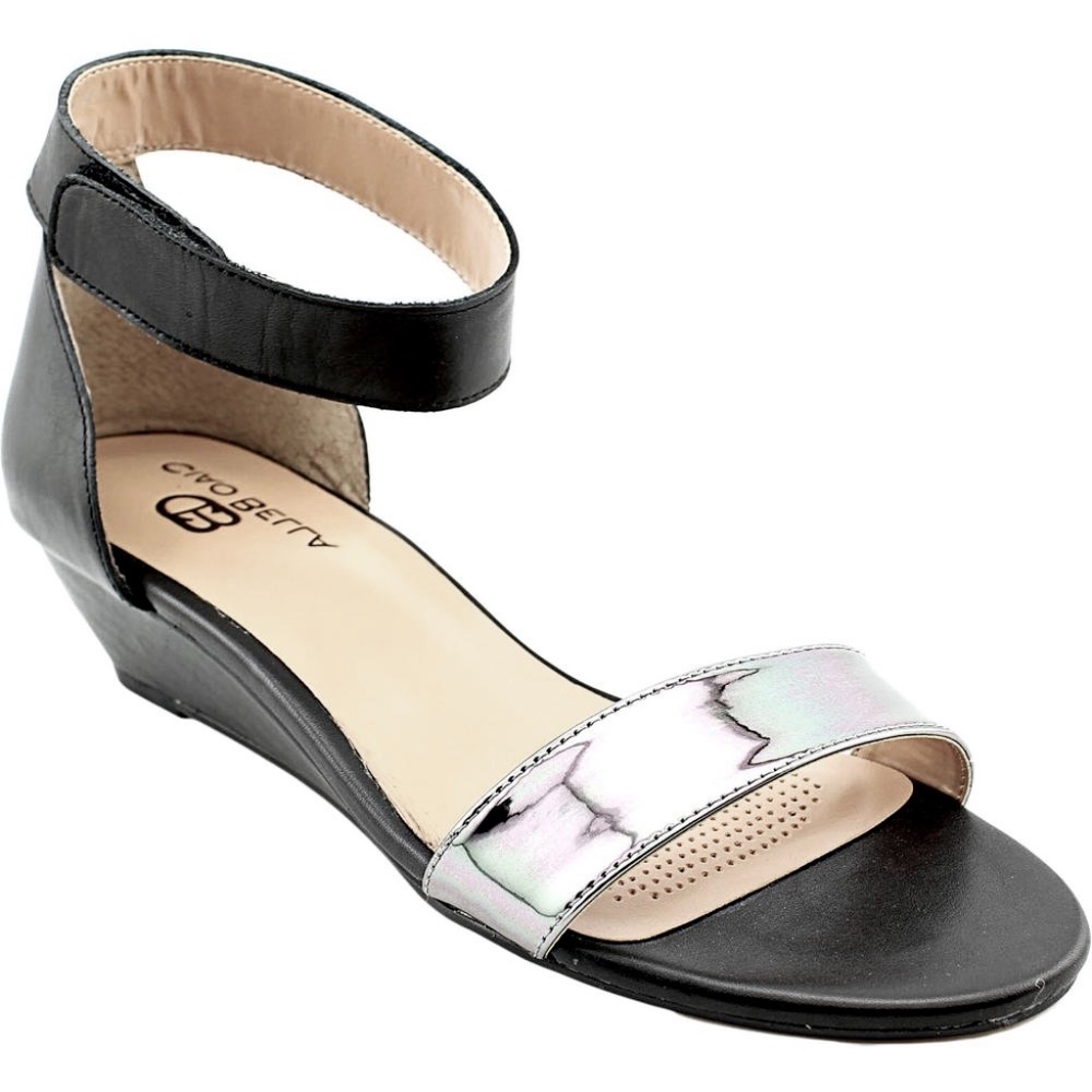 Ciao Bella Wilson Wedge Sandals Black Pewter Ankle Strap Heels Comfortable Pumps